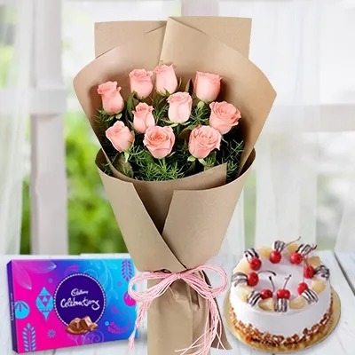 Bouquet Of Pink Roses & Celebration With Cake